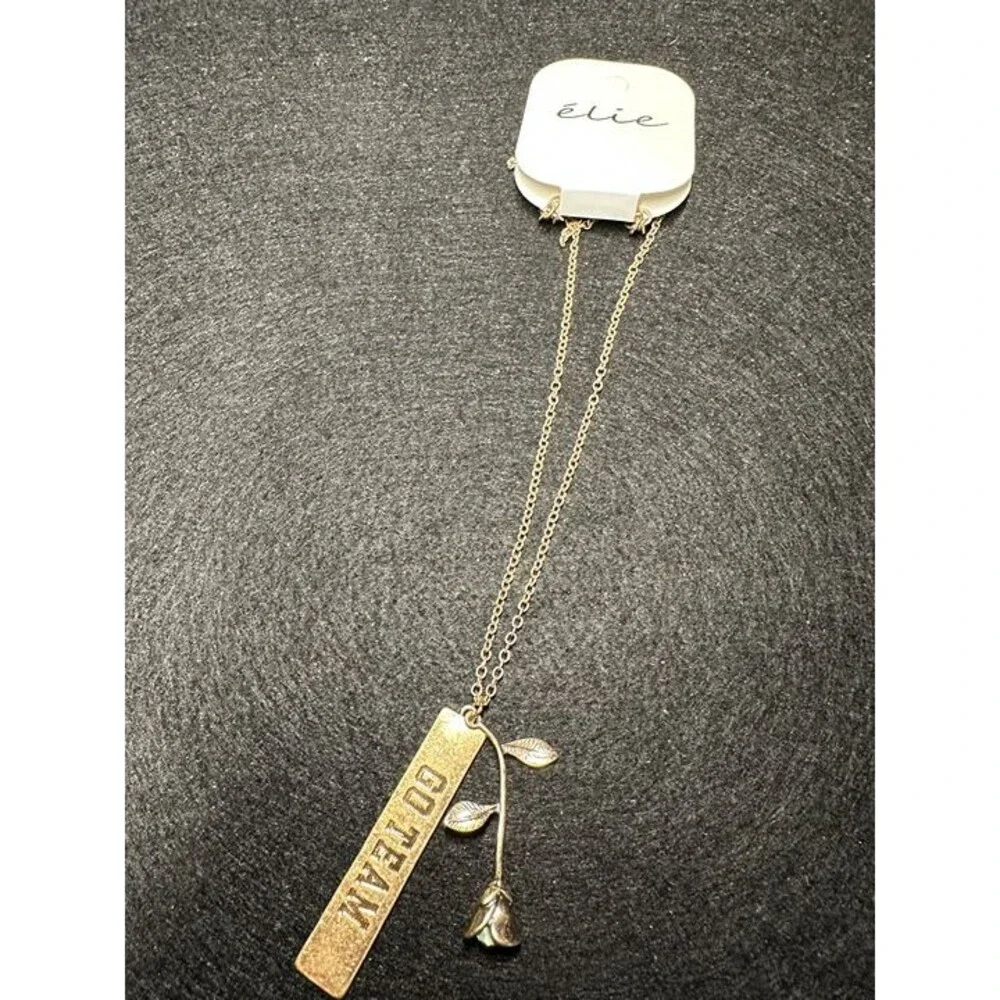 élie Gold GO TEAM Bar Pendant Necklace Rose Leaf Charm NWT New Boho Jewelry Gift